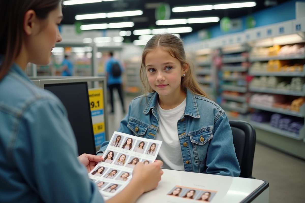 Jeune fille faisant réaliser des photos d'identité pas chères au comptoir photo d'un supermarché