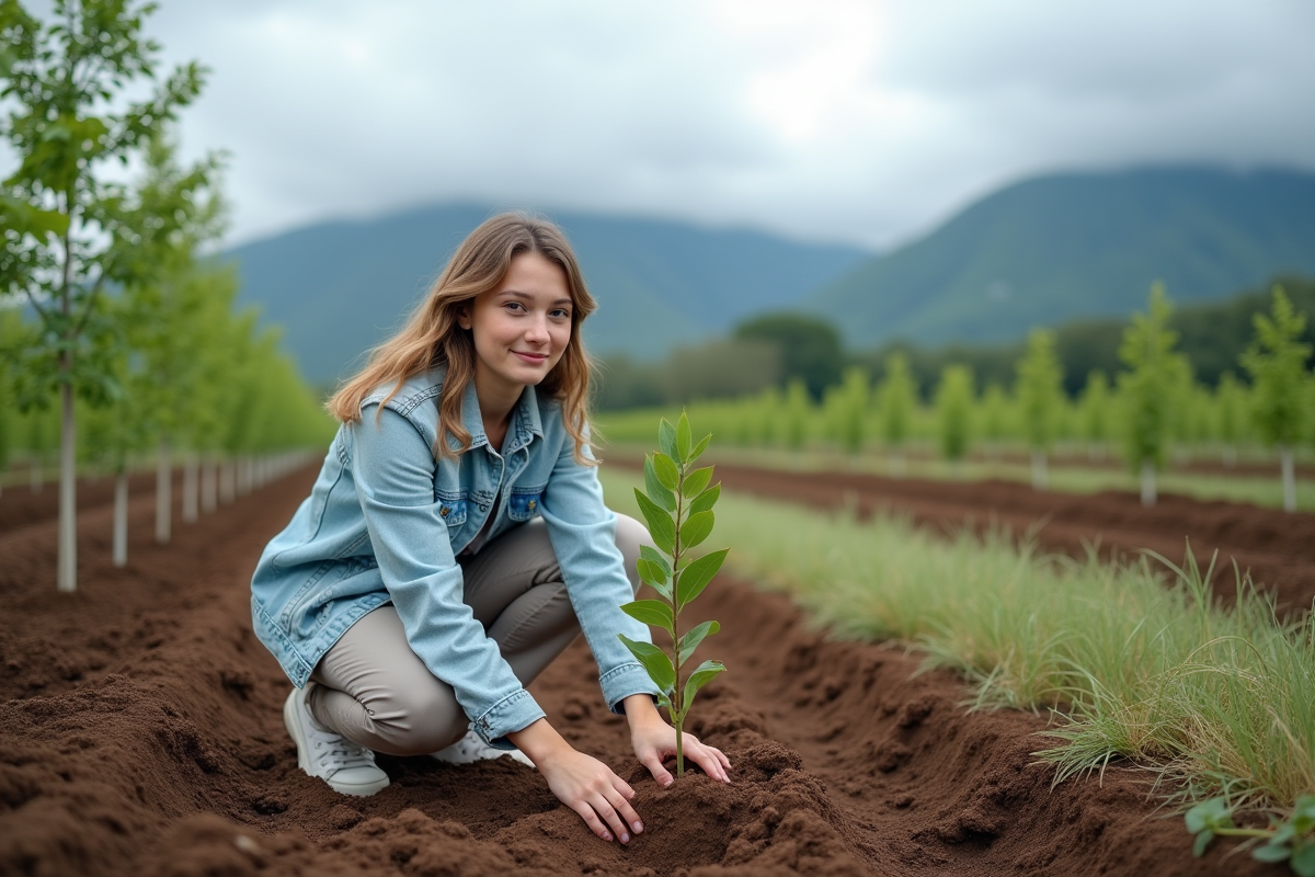 Jeune femme plantant un arbre dans un paysage naturel