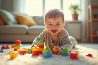 Garçon de 3 ans jouant avec des blocs colorés dans le salon