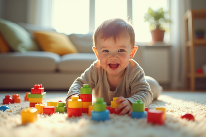 Garçon de 3 ans jouant avec des blocs colorés dans le salon