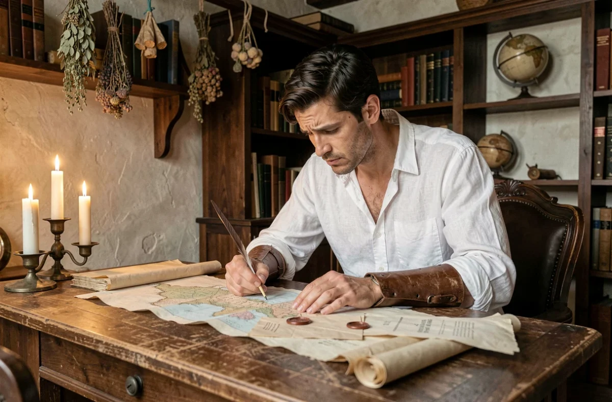 Jeune homme en costume Renaissance étudiant des cartes et parchemins dans un bureau florentin historique