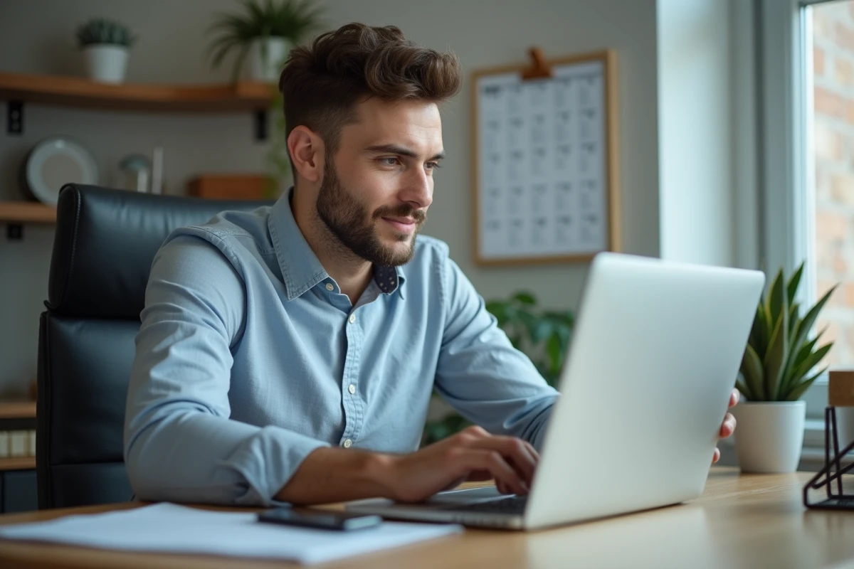 Jeune homme en visioconference dans un bureau moderne