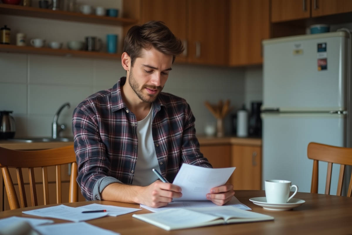Jeune homme vérifiant factures à la maison