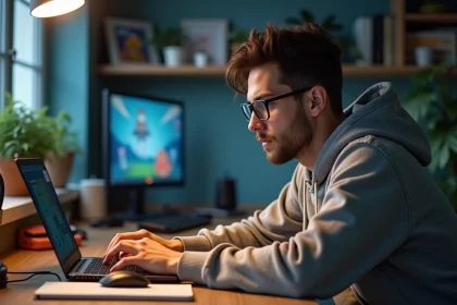 Jeune homme concentré sur son ordinateur dans un appartement avec collectibles Dofus
