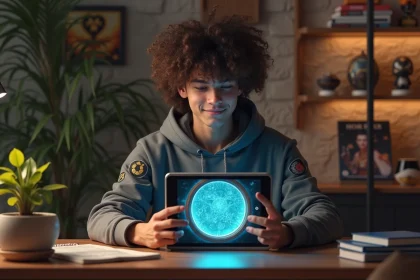 Jeune homme avec hoodie fantasy &eacute;tudiant devant une carte magique