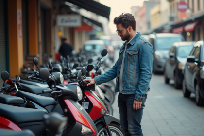 Jeune homme examine motos Dax 125cc en marché urbain