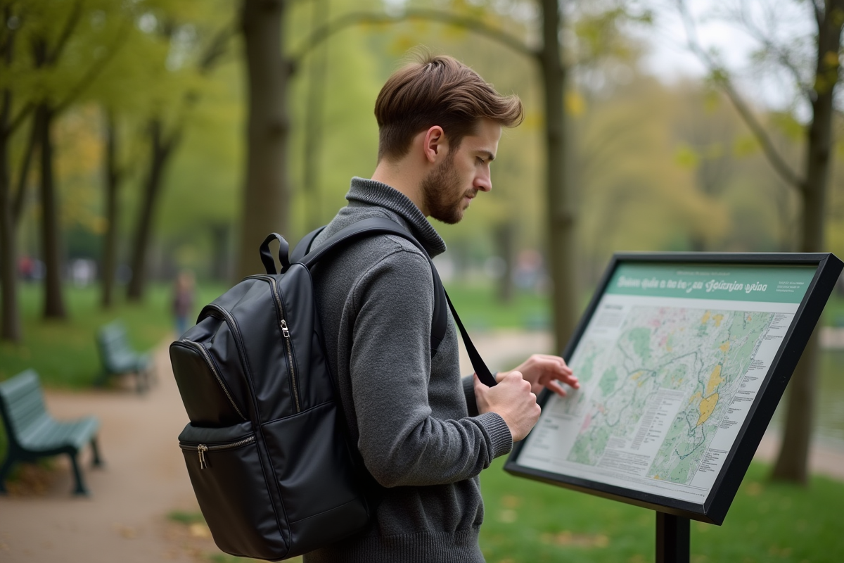 Jeune homme consulte une carte dans le parc Boulogne