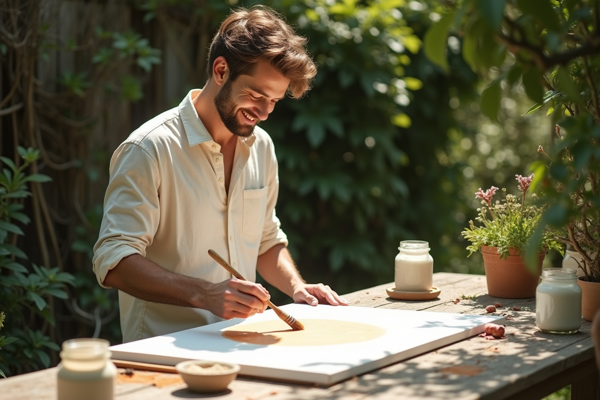 Jeune homme appliquant de la peinture naturelle sur une toile en extérieur