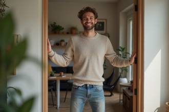 Jeune homme souriant dans un appartement moderne
