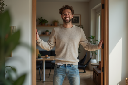 Jeune homme souriant dans un appartement moderne