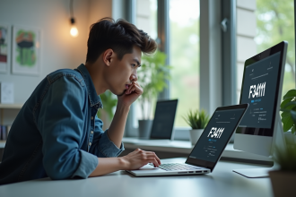 Jeune homme stressé devant un ordinateur avec erreur F3411