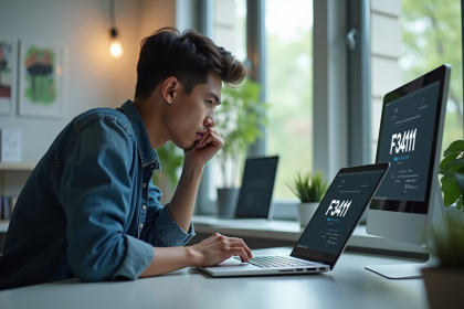 Jeune homme stressé devant un ordinateur avec erreur F3411