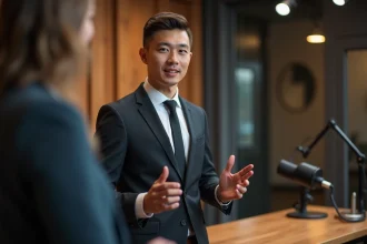 Jeune homme en studio radio lors d'une interview