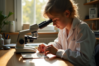 Jeune zoologiste examinant des échantillons d'animaux dans un bureau en lumière naturelle