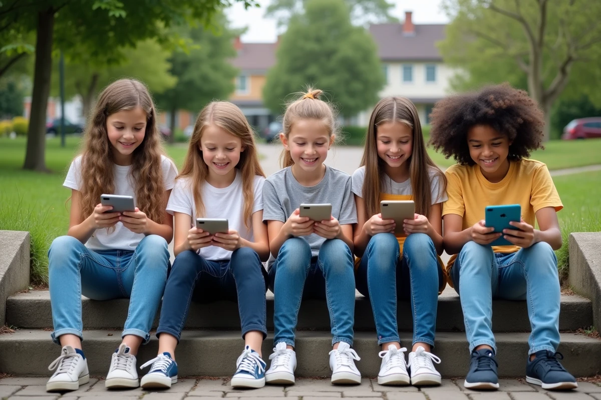 Jeunes et adolescents utilisant des tablettes dans un parc