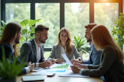 Jeunes professionnels dans un bureau moderne discutant de croissance verte