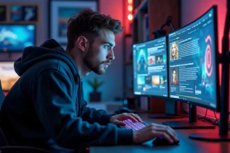 Joueur passionné consultant des rumeurs sur la date de sortie de GTA 6 sur son setup gaming