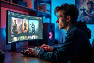 Joueur adulte naviguant sur une plateforme d'échange de monnaie virtuelle pour jeux comme Dofus, LoL et Valorant depuis son bureau gaming