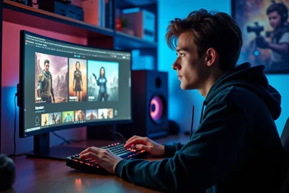 Joueur adulte naviguant sur une plateforme d'échange de monnaie virtuelle pour jeux comme Dofus, LoL et Valorant depuis son bureau gaming
