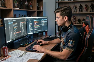 Joueur concentré planifiant sa quête Dofus Pourpre devant ses écrans avec des notes de stratégie