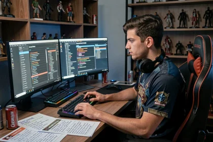 Joueur concentré planifiant sa quête Dofus Pourpre devant ses écrans avec des notes de stratégie