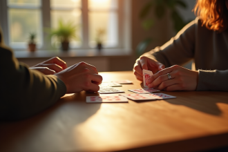 Deux personnes jouent à la Crapette à une table moderne ensoleillée