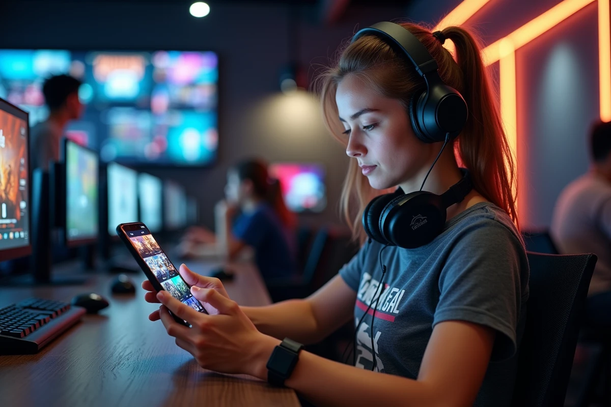 Joueuse consultant une application mobile Igvault dans un café gaming pour gérer ses achats de monnaie virtuelle sur Dofus et LoL