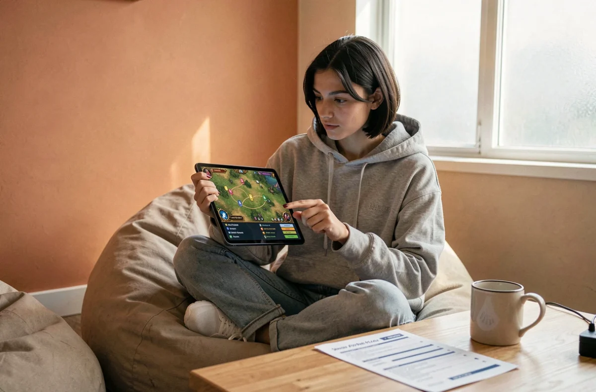 Joueuse consultantune carte de quête fantasy sur tablette pour préparer sa progression Dofus