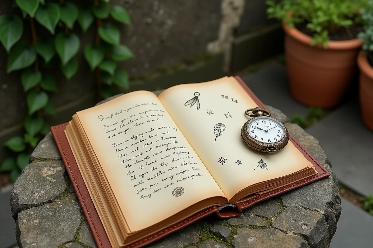 Journal ouvert avec notes manuscrites sur la signification du 14h14 et les anges gardiens, posé dans un jardin avec une montre de gousset