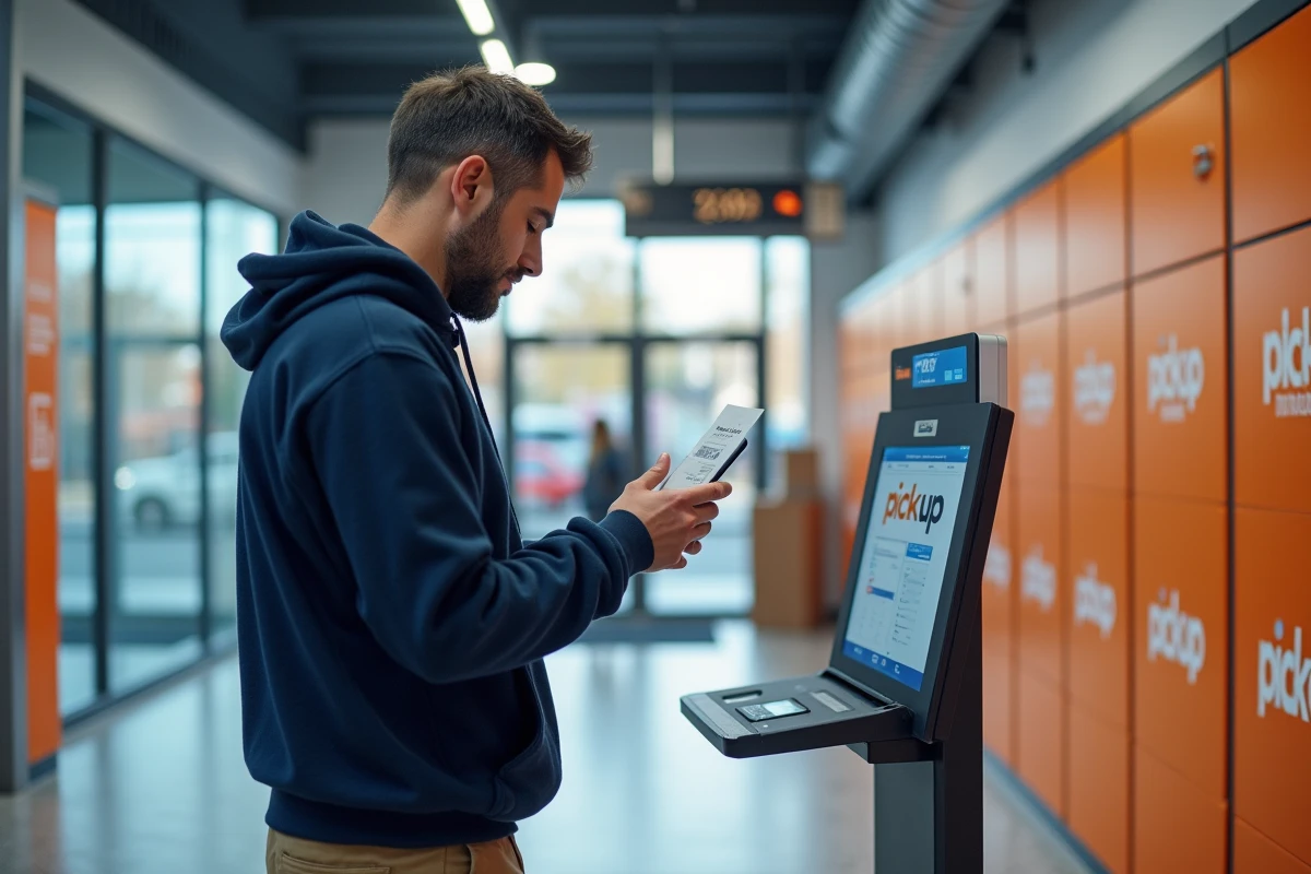 Homme scannant son étiquette Chronopost à un kiosque de dépôt relais Pickup en supermarché