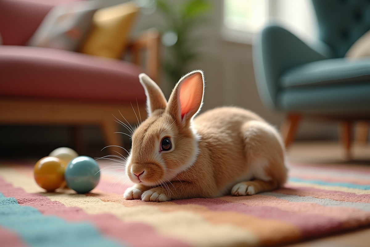 Lapin nain dans un salon chaleureux avec jouets