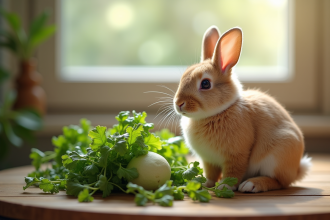 Lapin nain aux légumes frais sur une table en bois