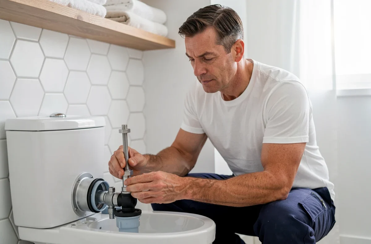 Plombier de Le Plombier à genoux inspectant un mécanisme de chasse d'eau dans une salle de bain moderne à Montreuil