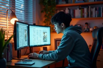 Jeune lecteur de manga sur Discord avec pages de scan en français affichées sur double écran dans une chambre décorée d'étagères de mangas