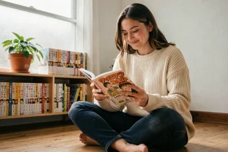 Jeune femme lisant un manga assis sur le sol d'une chambre entourée d'étagères remplies de volumes