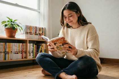 Jeune femme lisant un manga assis sur le sol d'une chambre entourée d'étagères remplies de volumes