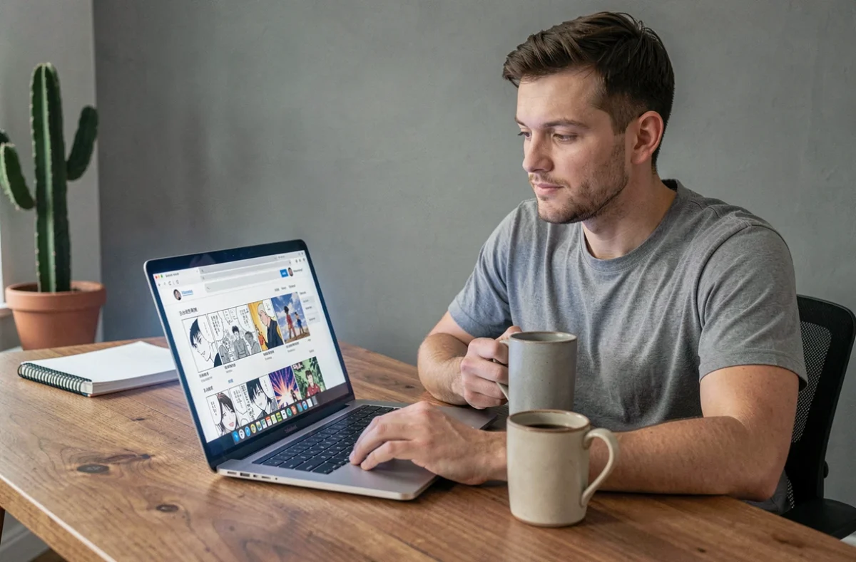 Homme lisant des mangas en ligne sur un ordinateur portable depuis un bureau à domicile minimaliste