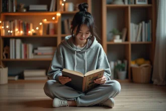 Jeune femme lisant un manga Just Friend assise sur le sol de sa chambre entourée de livres