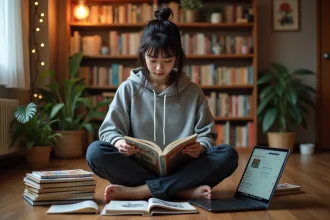 Jeune femme lisant des mangas entourée de volumes physiques et d'un laptop affichant une plateforme de manga en ligne