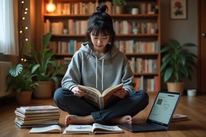 Jeune femme lisant des mangas entourée de volumes physiques et d'un laptop affichant une plateforme de manga en ligne