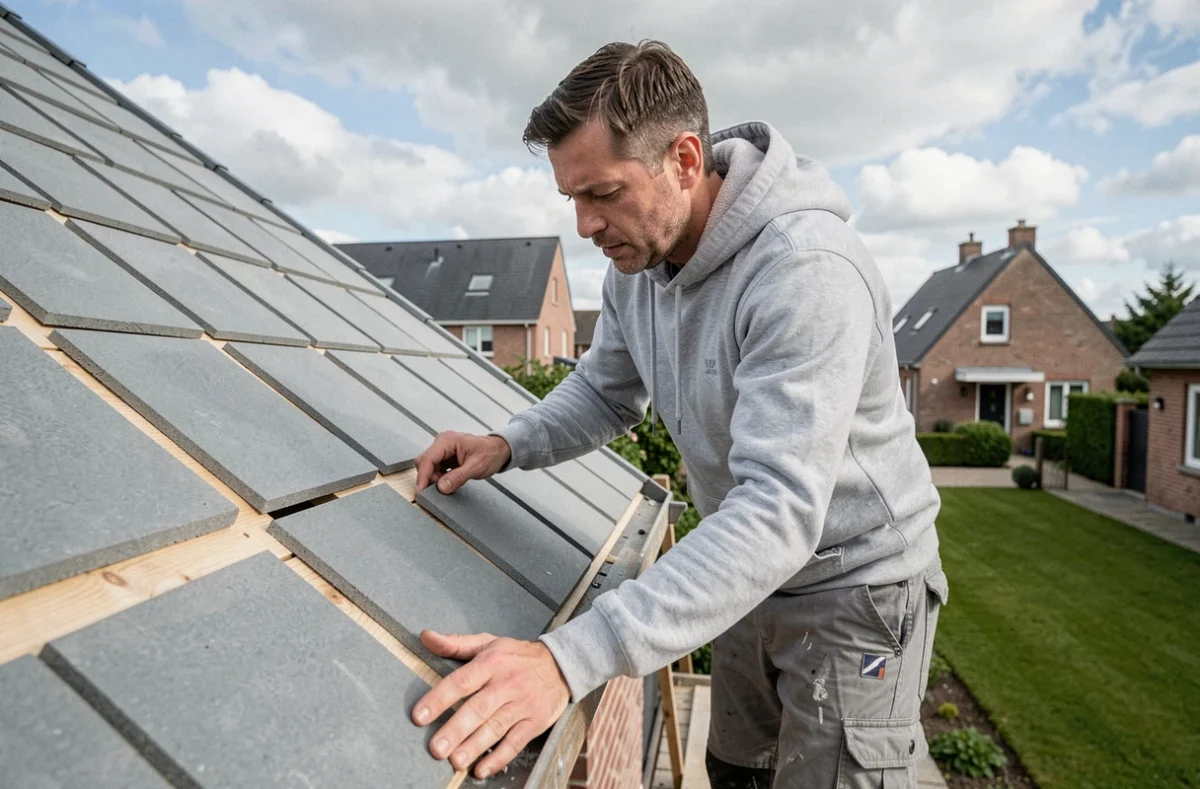 Artisan de Lemonnier Couverture installant des tuiles béton sur une maison pavillonnaire à Caen