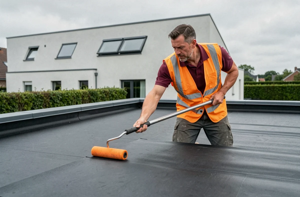 Artisan de Lepeltier Couverture appliquant une membrane d'étanchéité sur un toit plat résidentiel