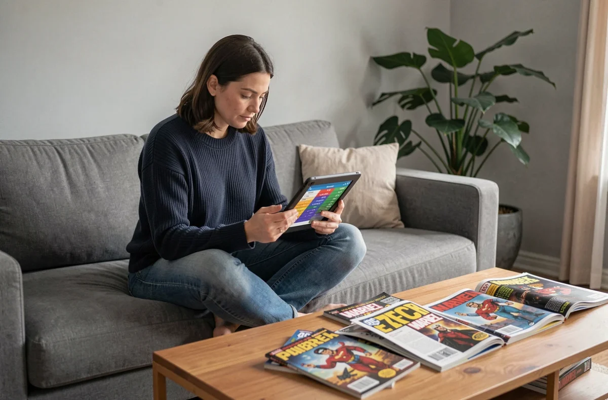 Femme consultant une liste personnalisée de personnages Marvel et DC sur une tablette entourée de comics sur une table basse dans un salon moderne