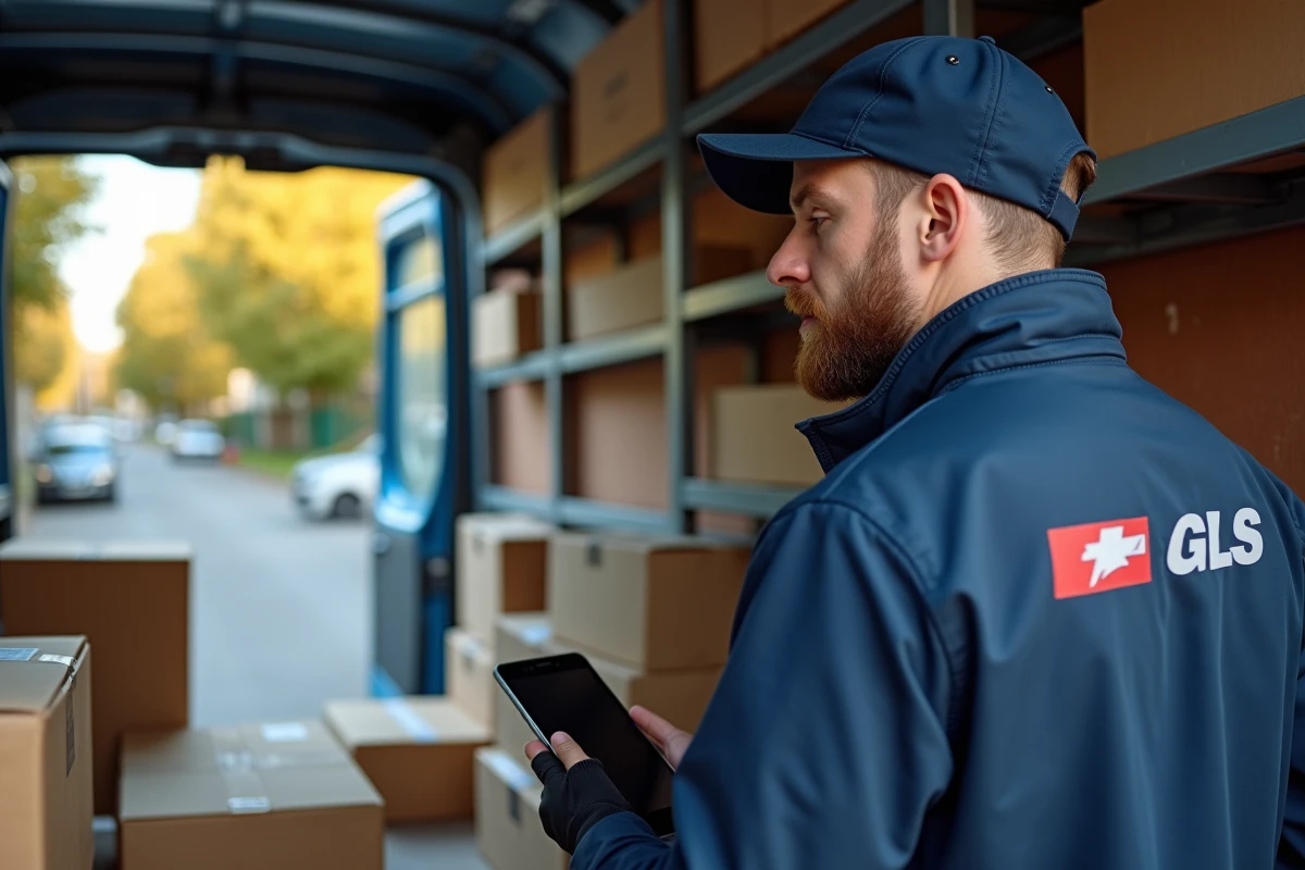 Livreur GLS scannant des colis dans un van de livraison