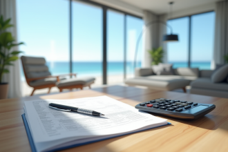 Maison moderne en bord de mer avec documents fiscaux