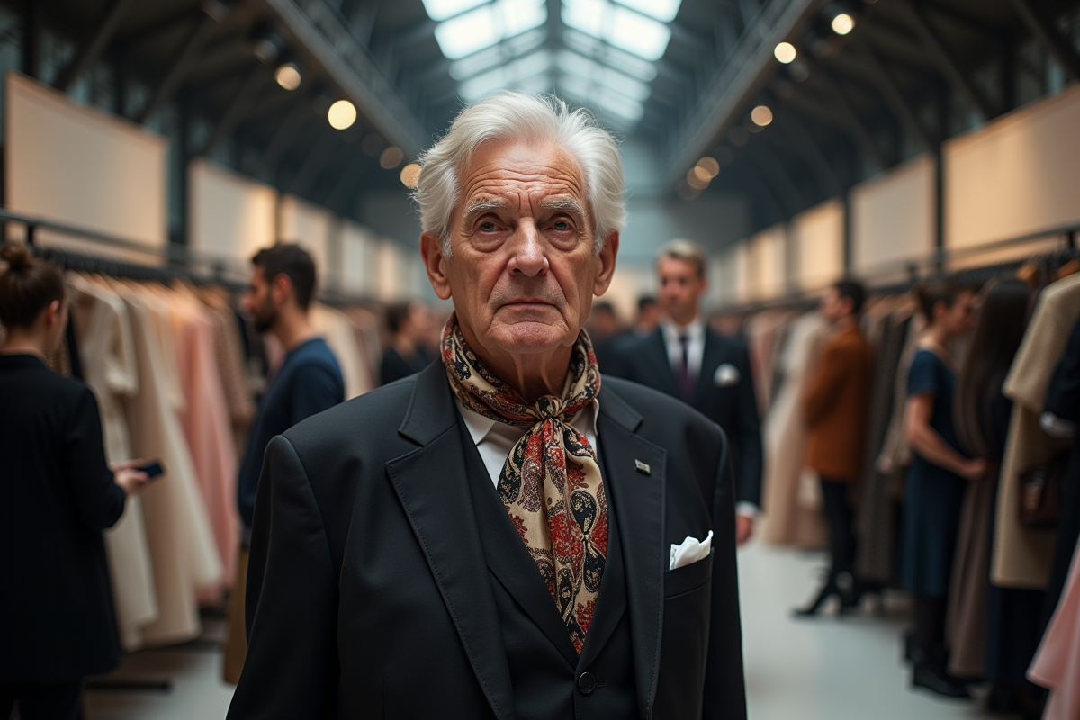Homme âgé observant un défilé de mode en coulisses