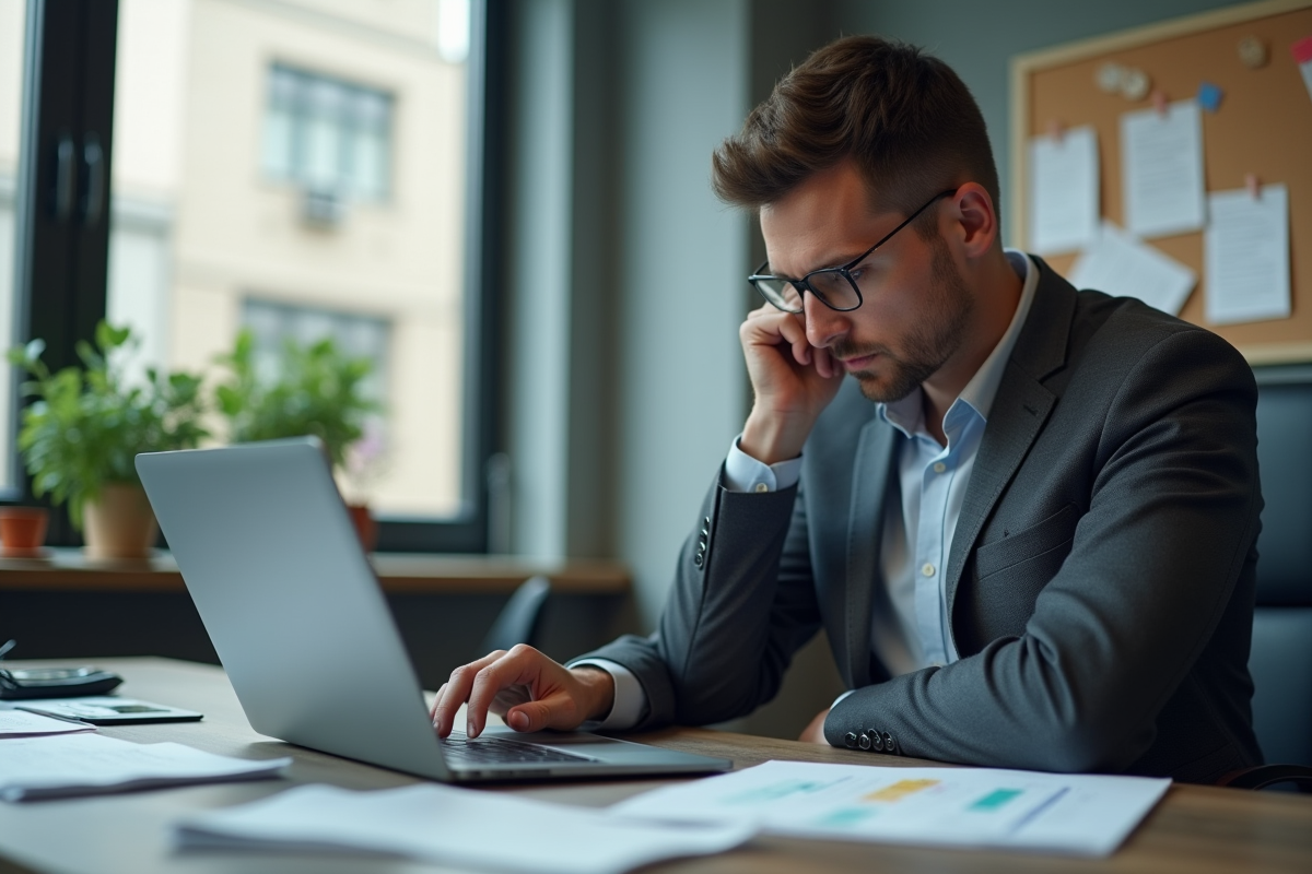 Manager de projet homme au bureau regardant un graphique