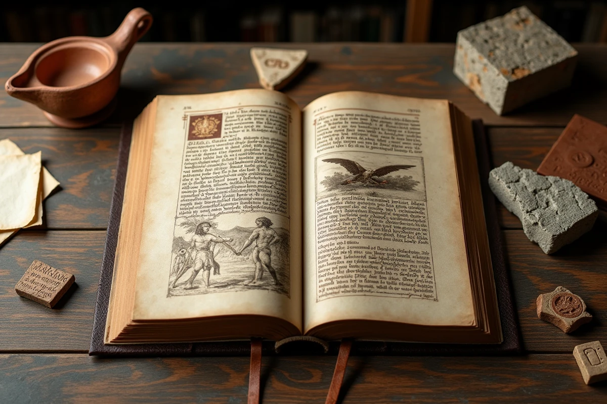 Manuscrit ancien illustré du mythe de Prométhée posé sur une table de bibliothèque universitaire