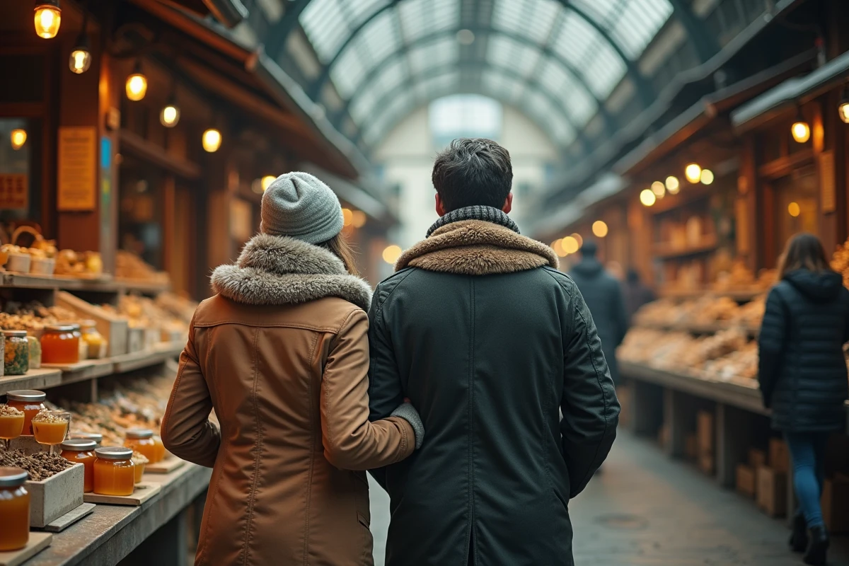 Couple explorant les stands artisanaux du marché couvert de Lyon un dimanche d'hiver