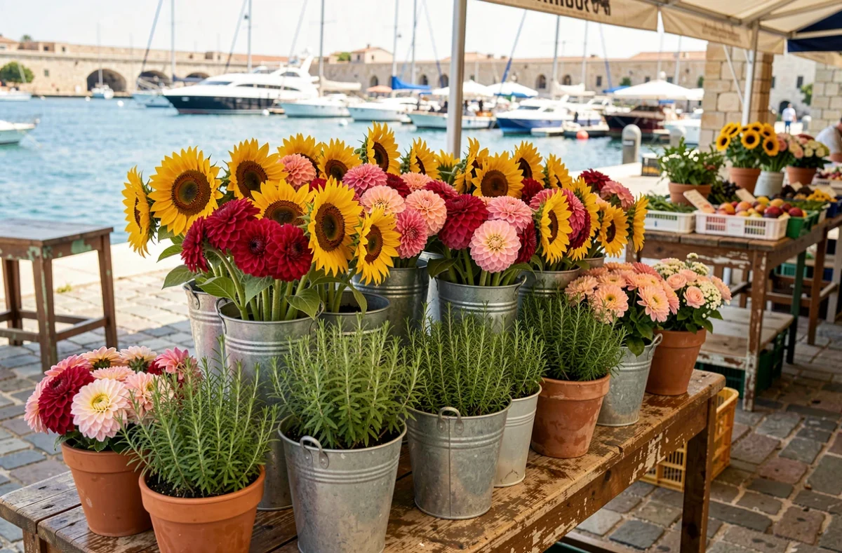 Étalage de fleurs au marché de Marseille avec le Vieux-Port en arrière-plan flou